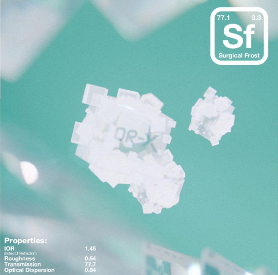 Surgical Frost, the custom material: element badge, crystals and physical properties